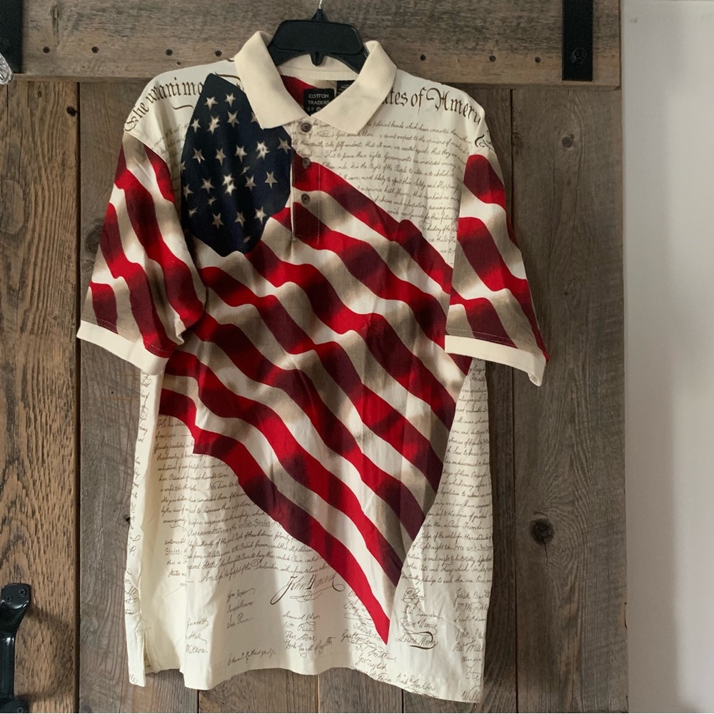 Men’s L COTTON TRADERS SPORT Polo Shirt Declaration of Independence S/S Flag EXC